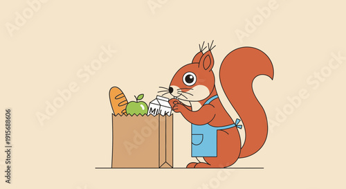 Cute Squirrel Unpacking Groceries Fun Animal Illustration Ready For Shopping