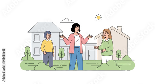 Diverse Friends Chatting Outdoors Near Suburban Houses Sunny Day