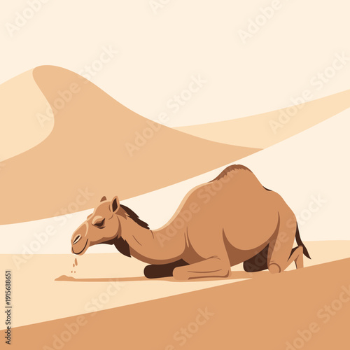 Desert Camel Resting Amidst Sandy Dunes A Thirsty Creature