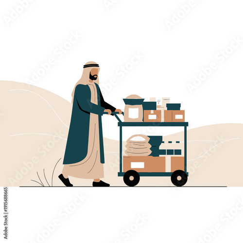 Desert Commerce Arab Man Pushing Cart Laden With Goods Through Sandy Terrain