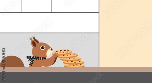 Cute Squirrel With Stack Of Cookies Minimalist Illustration