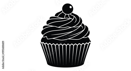 A black and white illustration depicts a single cupcake with a cherry on top showcasing its detailed frosting