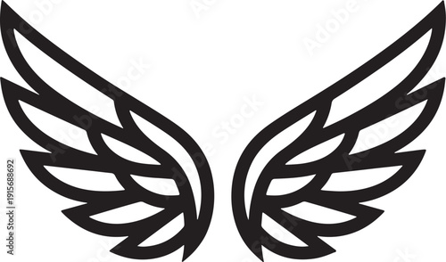 Stylized black angel wings spread wide against a white background also transparent background black wings