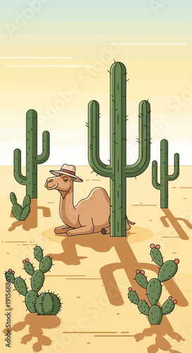 Desert Dweller With Stylish Hat Amidst Tall Cacti