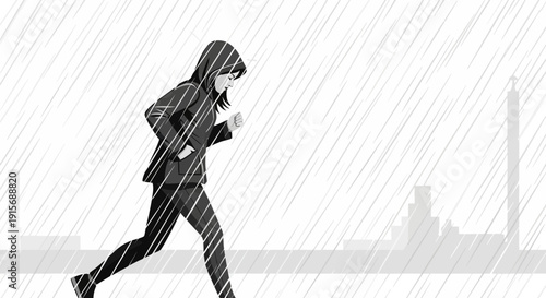 Determined Woman Jogging Through Heavy Rain Amidst Cityscape Silhouette