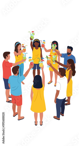 Diverse Group Celebrates With Colorful Cocktails On A Sunny Day