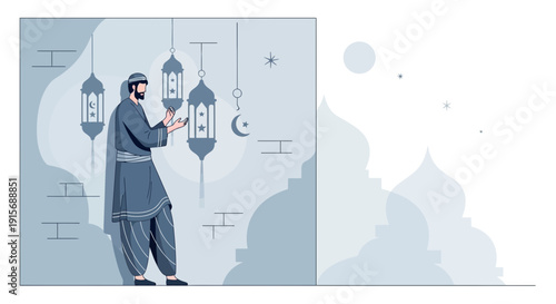 Devout Man Praying Under Ornate Lanterns With Islamic Architectural Silhouettes