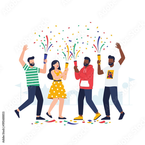 Diverse Group Celebrates With Confetti Poppers Joyful Event