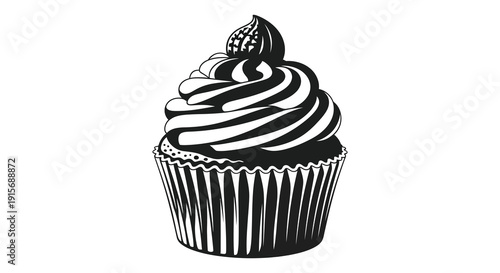 A striking black and white illustration depicts a tall swirled cupcake with a cherry on top high quality professional detailed
