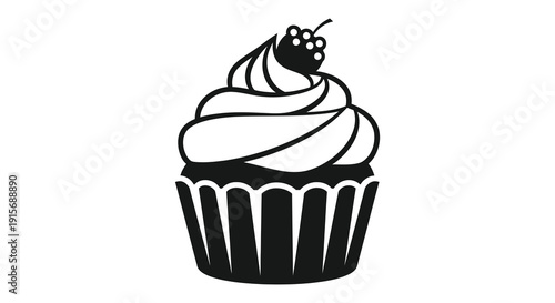A black and white illustration depicts a single cupcake with a generous swirl of frosting and a cherry on top