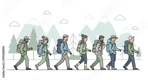 Diverse Group Embarks On A Scenic Mountain Trekging Expedition