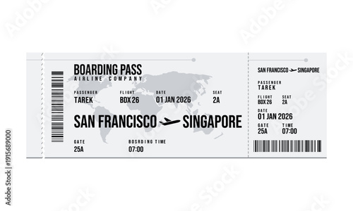 Airline boarding pass ticket for San Francisco to Singapore flight