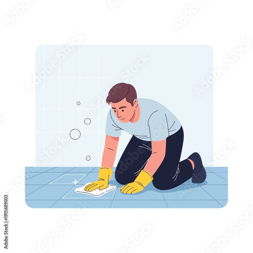 Diligent Individual Cleans Ceramic Tile, Emphasizing Hygiene And Sanitation Practices Regularly