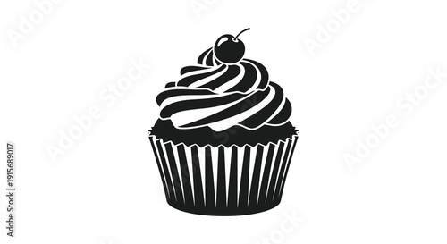 A stylized black and white illustration depicts a single cupcake with elaborate frosting swirls and a cherry on top