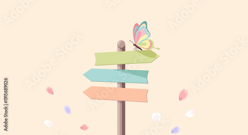 Directional Signpost With Butterfly And Petals Gentle Illustration