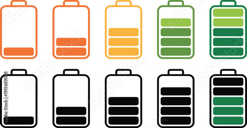 Battery charge level indicator icons set, showing energy power status, from low red to full green