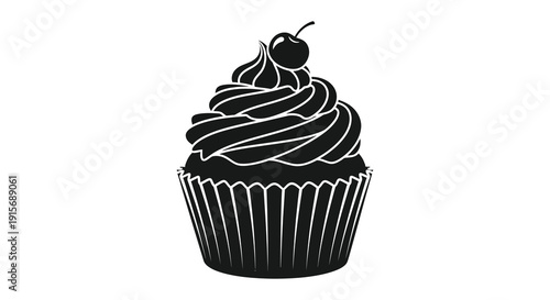 A detailed black and white illustration depicts a single cupcake with a cherry on top showcasing intricate frosting details