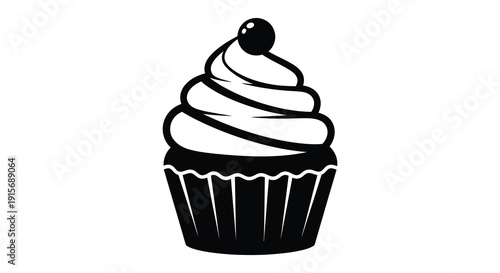 A simple black and white illustration depicts a classic cupcake with a cherry on top showcasing sweet indulgence high quality