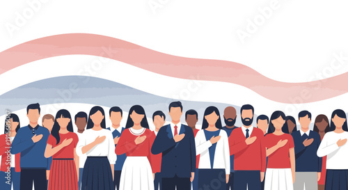 Diverse Group Expressing Unity and Patriotic Feelings With Flag Background