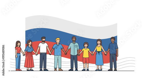 Diverse Group Holding Hands In Front Of Russian Flag Symbolizing Unity And Patriotism