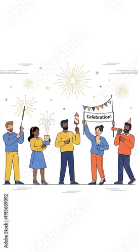 Diverse Group Joyfully Celebrates With Sparklers Fireworks and Party Supplies