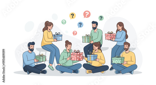 Diverse Group Exchanging Mystery Gifts And Pondering With Question Marks Illustration