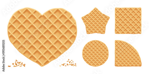 Waffle round biscuit for belgian ice cream, wafer texture vector icon. Illustration of square stroopwafel and star belgium pattern, food background. Isolated cute cookie heart, sweet syrup pancake 3d