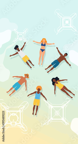 Diverse Group Relaxes Floating Peacefully Together Underwater Serenity Poolside