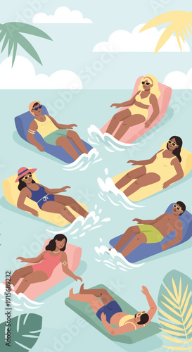 Diverse Group Relaxing On Inflatable Floats Enjoying Summer Pool Party