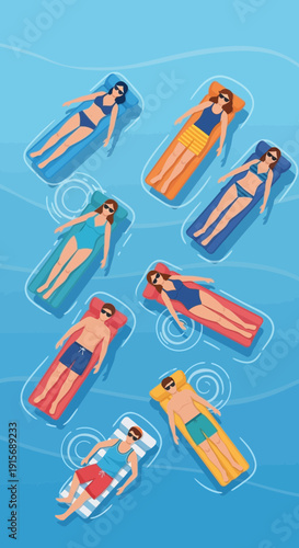 Diverse Group Relaxing On Inflatable Floats Enjoying Poolside Summer Fun