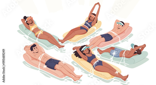 Diverse Group Relaxing On Floats Enjoying Poolside Serenity