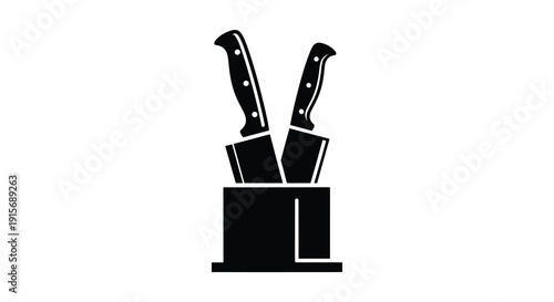 A simple black and white graphic depicts two kitchen knives standing upright in a holder high quality professional
