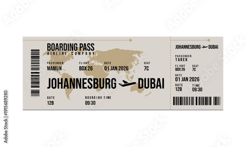 Airline boarding pass ticket Johannesburg to Dubai