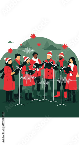 Diverse Group Singing Festive Carols Joyfully Outdoors During Winter Holidays