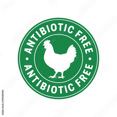 Green circular logo with white chicken and antibiotic free text