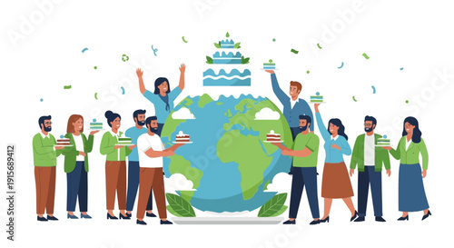 Diverse People Celebrate Earth Day With Festive Cakes