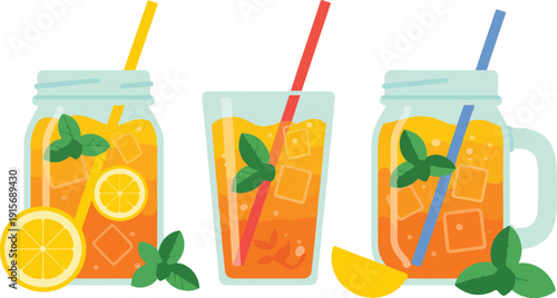 Refreshing Lemon Drink Illustration Set with Iced Lemonade Glasses, Jars, Mint Leaves, and Summer Citrus Pattern