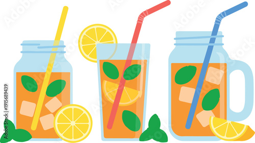 Refreshing Lemon Drink Illustration Set with Iced Lemonade Glasses, Jars, Mint Leaves, and Summer Citrus Pattern