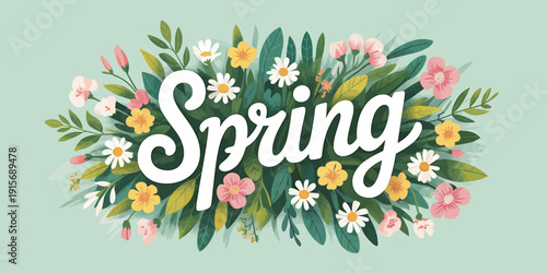 Spring flowers and leaves arrangement with white text on green background