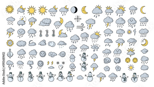 Massive collection of weather icons featuring sun, clouds, rain, snow, lightning, and cute characters like snowmen and clouds.