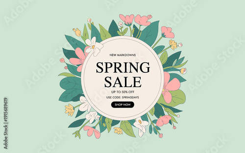 Spring sale advertisement with floral design on green background