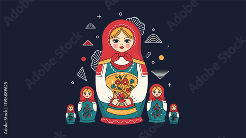 Colorful set of traditional russian matryoshka nesting dolls in various sizes decorated with floral patterns and geometric shapes.