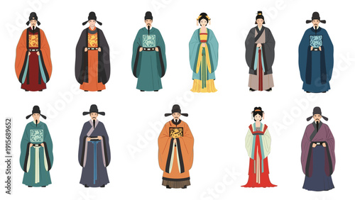 Group of figures dressed in ornate traditional east asian robes and hats from various historical periods and social ranks.