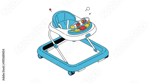 Modern blue and white baby walker with interactive toys and colorful buttons designed for toddlers learning to take their first steps.