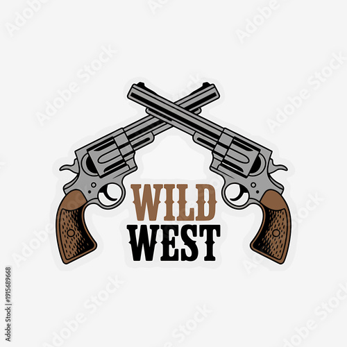 Wild west crossed revolver pistols with wooden grips and metal bodies