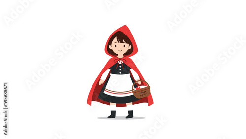 Classic character illustration of little red riding hood wearing her signature red cape and carrying a wicker basket.