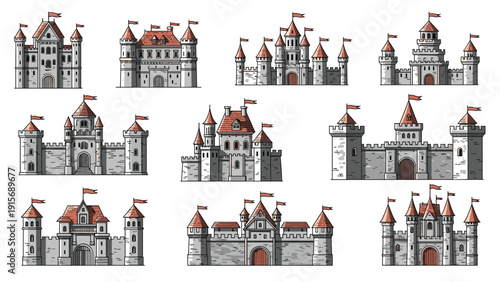 Detailed set of medieval stone castles and fortresses with towers, red roofs, and flags in a pixel art or gaming style.