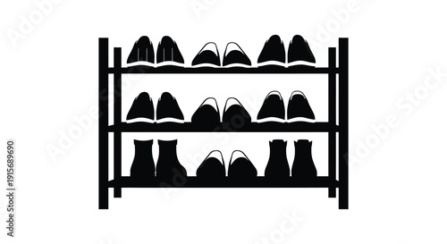 A simple black and white illustration depicts a shelving unit filled with various types of footwear high quality