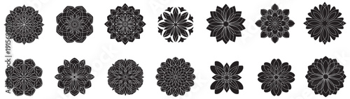 Set of Black Mandala Ornaments with Grunge Texture eps 10