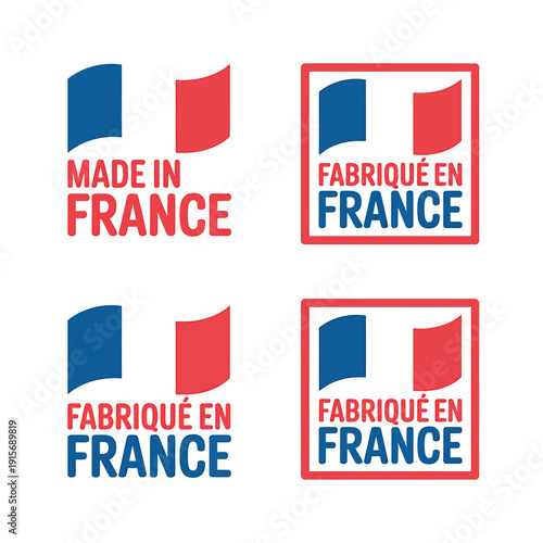 Made in France labels with French flag and text variations
